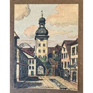 Vintage Signed Sielken Pen & Ink Artwork Of Weikersheim A.D. Tauber Ganserturm O